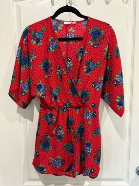 Ripe Red Floral Polka Dot Wrap Romper with Blue Flowers